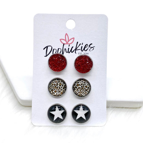 12mm Red Sparkles/Tan Leopard/White Star in Stainless Steel Settings -Earrings