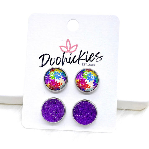 12mm Bright Flowers & Purple Sparkles in Stainless Steel Settings -Summer Earrings