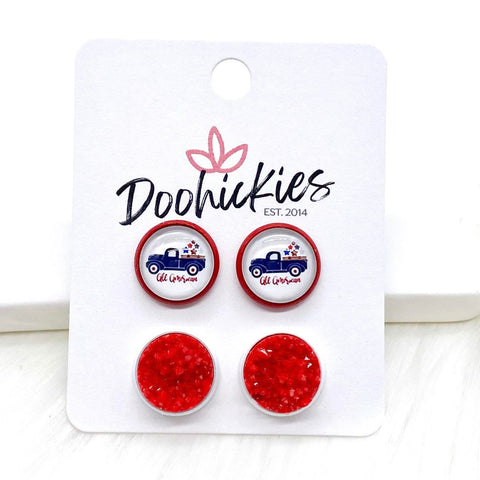 12mm All American & Red Crystals in Red/White Settings -Patriotic Earrings