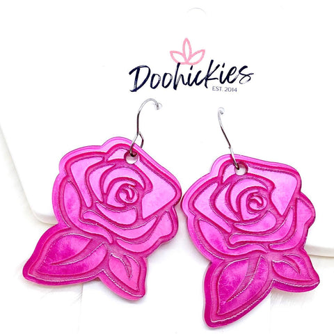 1.5" Fuchsia Engraved Rose Acrylics -Earrings