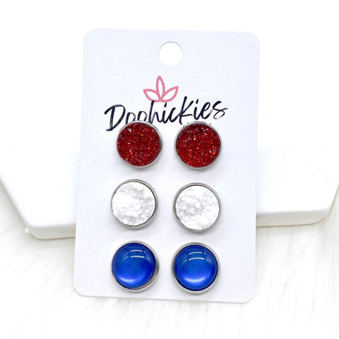 12mm Red Sparkles/White/Blue Cat Eyes in Stainless Steel Settings -Patriotic Earrings