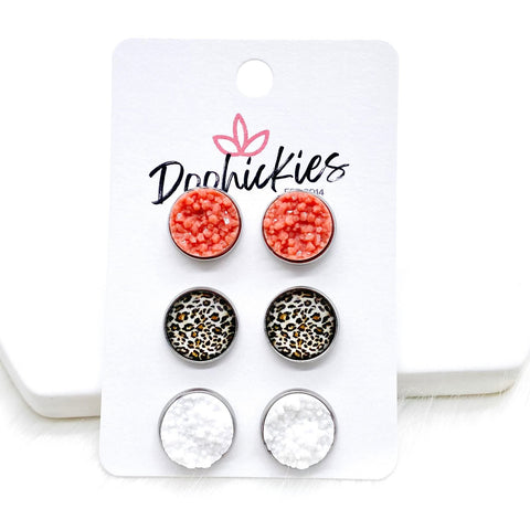 12mm Coral/Tan Leopard/White in Stainless Steel Settings -Earrings