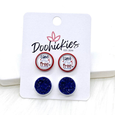 12mm Land of the Free & Navy Crystals in Red/White Settings -Patriotic Earrings