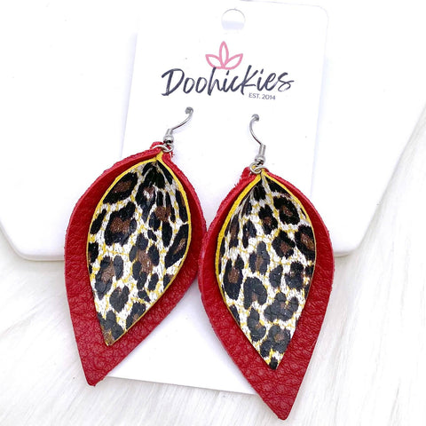2.5" Chocolate Leopard & Deep Red Layered Petals -Earrings