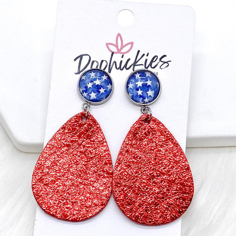 2” Star Spangled Dangles (Blue Stars & Metallic Red) -Patriotic Earrings