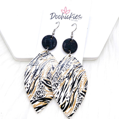 3" Black & Gold/Black Leopard Frenzy Leaf Corkies -Earrings