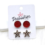 12mm Patriotic Sparkles & 14mm Leopard Star Duos in Stainless Steel Settings -Patriotic Earrings