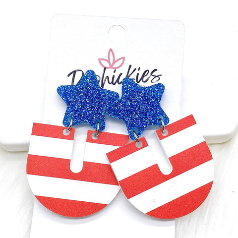 2" Blue Glitter Star & Striped Chunky Rainbow Patriotic Acrylic Dangles -Patriotic Earrings
