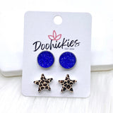 12mm Patriotic Sparkles & 14mm Leopard Star Duos in Stainless Steel Settings -Patriotic Earrings