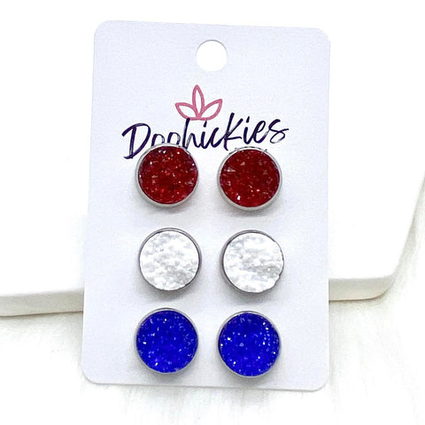 12mm Red Sparkles/White/Royal Blue Sparkles in Stainless Steel Settings -Patriotic Earrings