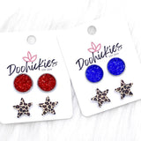 12mm Patriotic Sparkles & 14mm Leopard Star Duos in Stainless Steel Settings -Patriotic Earrings