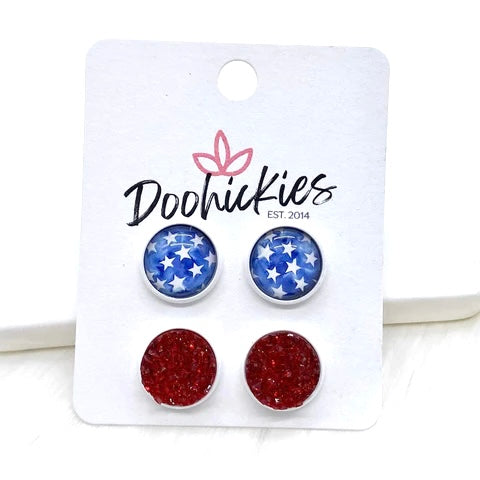 12mm Stars & Red Sparkles in White Settings -Patriotic Earrings
