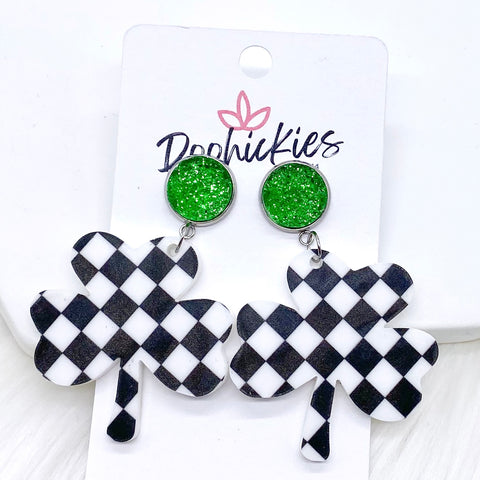 2" Green Sparkles & Checkered Shamrock Acrylic Dangles - Earrings